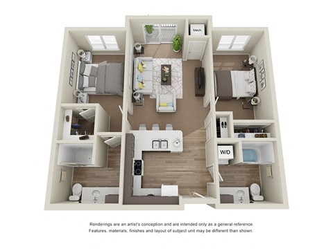 Floor plan for 2 beds, 2 baths, 844 sqft